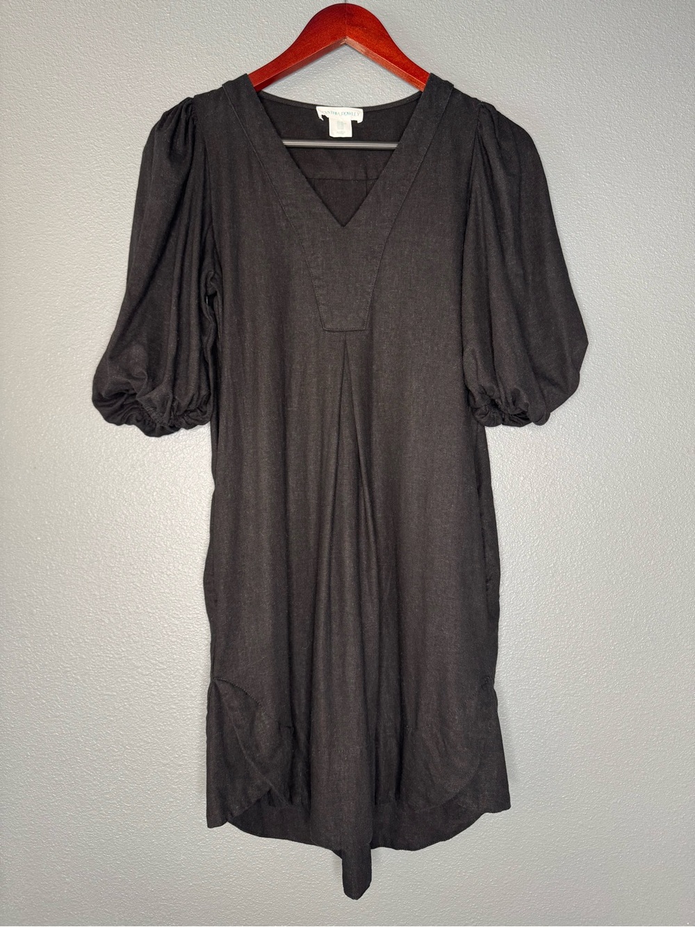 Cynthia Rowley XS Black Linen Blend Dress Puff Sleeve Pockets V Neck